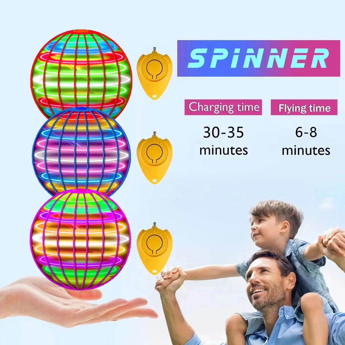 A colorful spinning magic flying boomerang toy with LED lights being held by a man and woman against a bright sky.