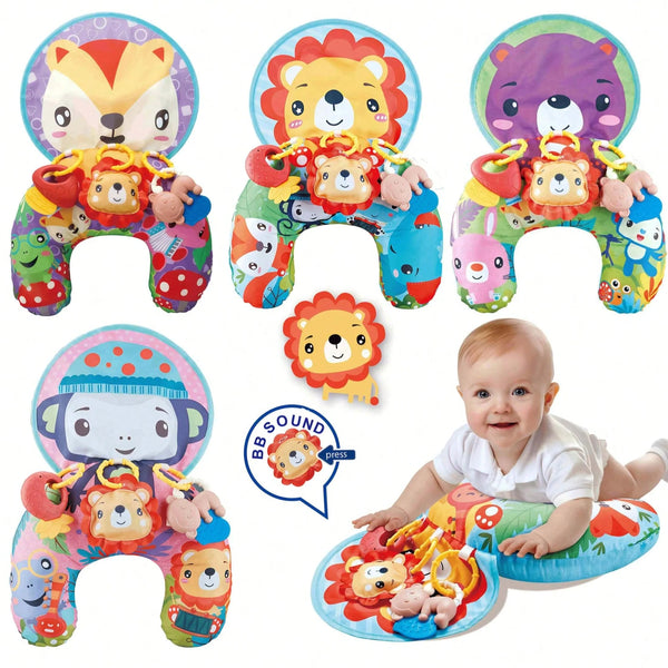 A set of infant tummy time play mats with lion and bear rattle toys for baby development.