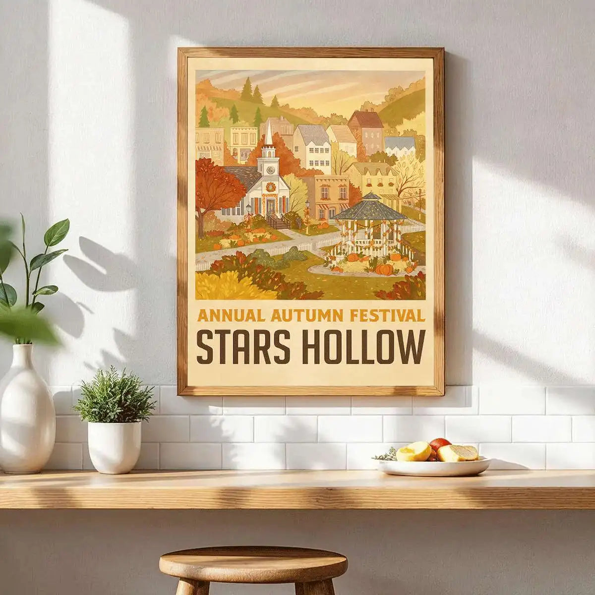 Vintage Autumn Festival Art Print — Cozy Window Scene Wall Decor