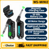 Black WS-MINI2 wireless guitar system featuring a magnetic charging case, battery life, and a rotatable audio head.