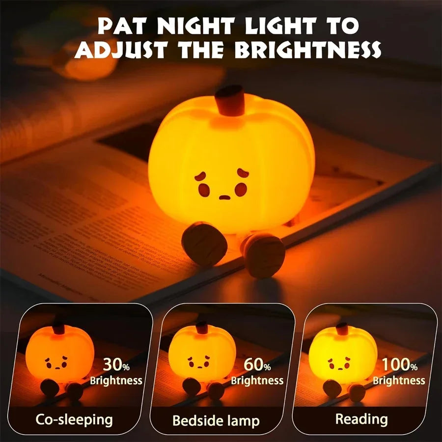 Rechargeable pumpkin LED night light demonstrating brightness levels for co-sleeping, bedside lamp, and reading.