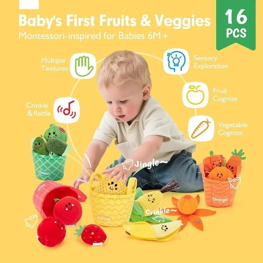 A set of Montessori-inspired fruit and veggie sorting toys with crinkle textures for babies.