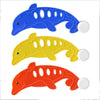 Three plastic shark toys in blue, yellow, and orange for pool diving or play