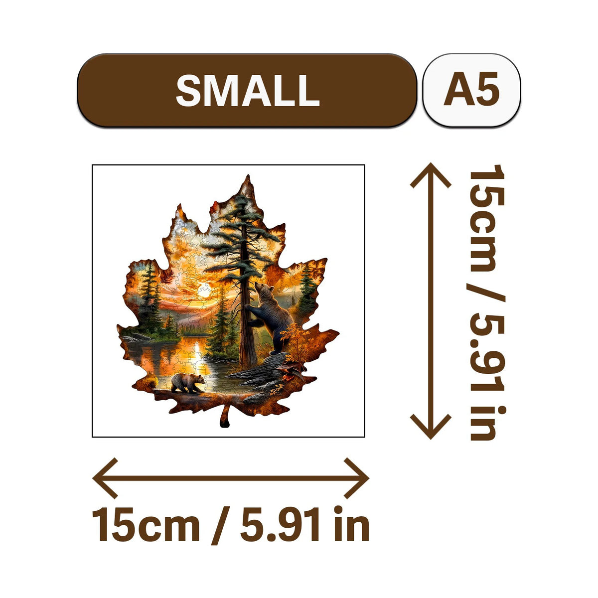 A small A5 sized wooden jigsaw puzzle depicting an autumn forest scene with a bear.