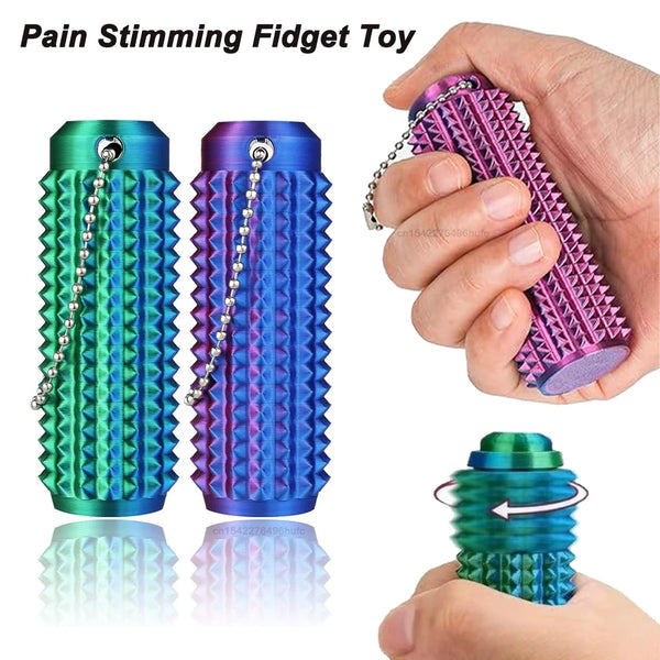 A hand holds a colorful mini spiky fidget toy with a chain, showing its texture and design.