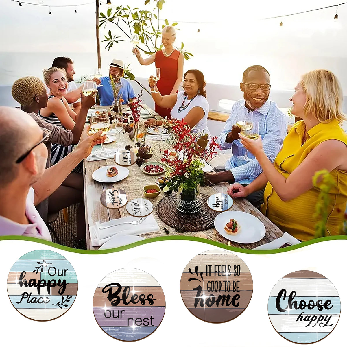 Set of 8 Decorative Wooden Coasters with English Print