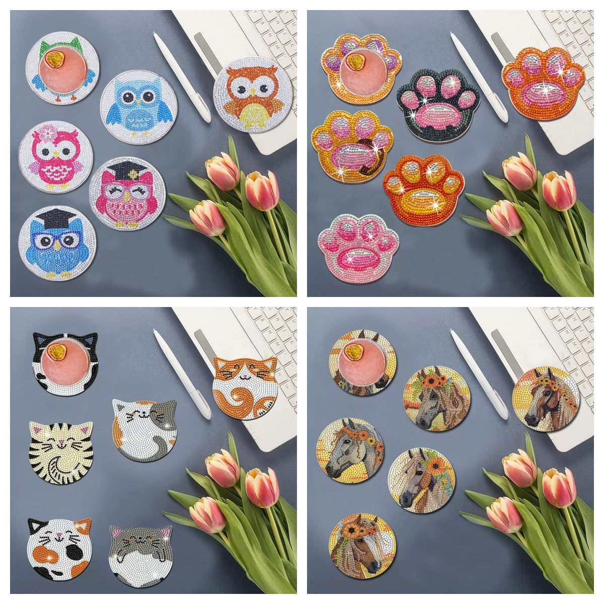 DIY Animal Diamond Painting Coaster Set with Wooden Base