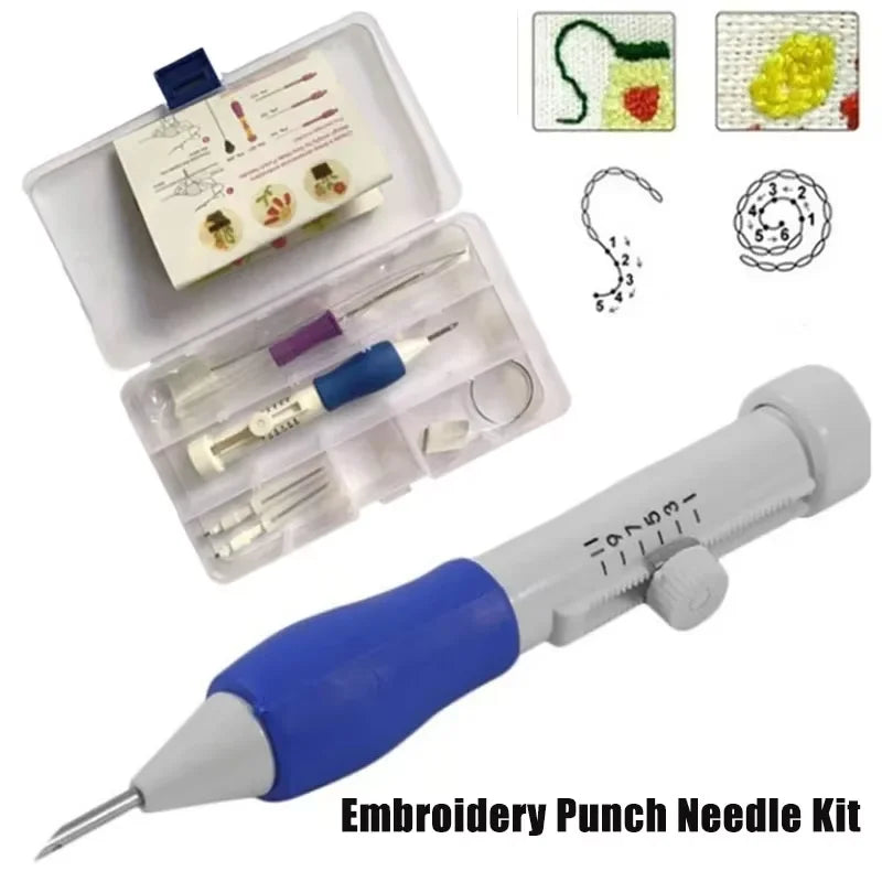 A set of embroidery punch needles and tools in an open box with a blue handle applicator.