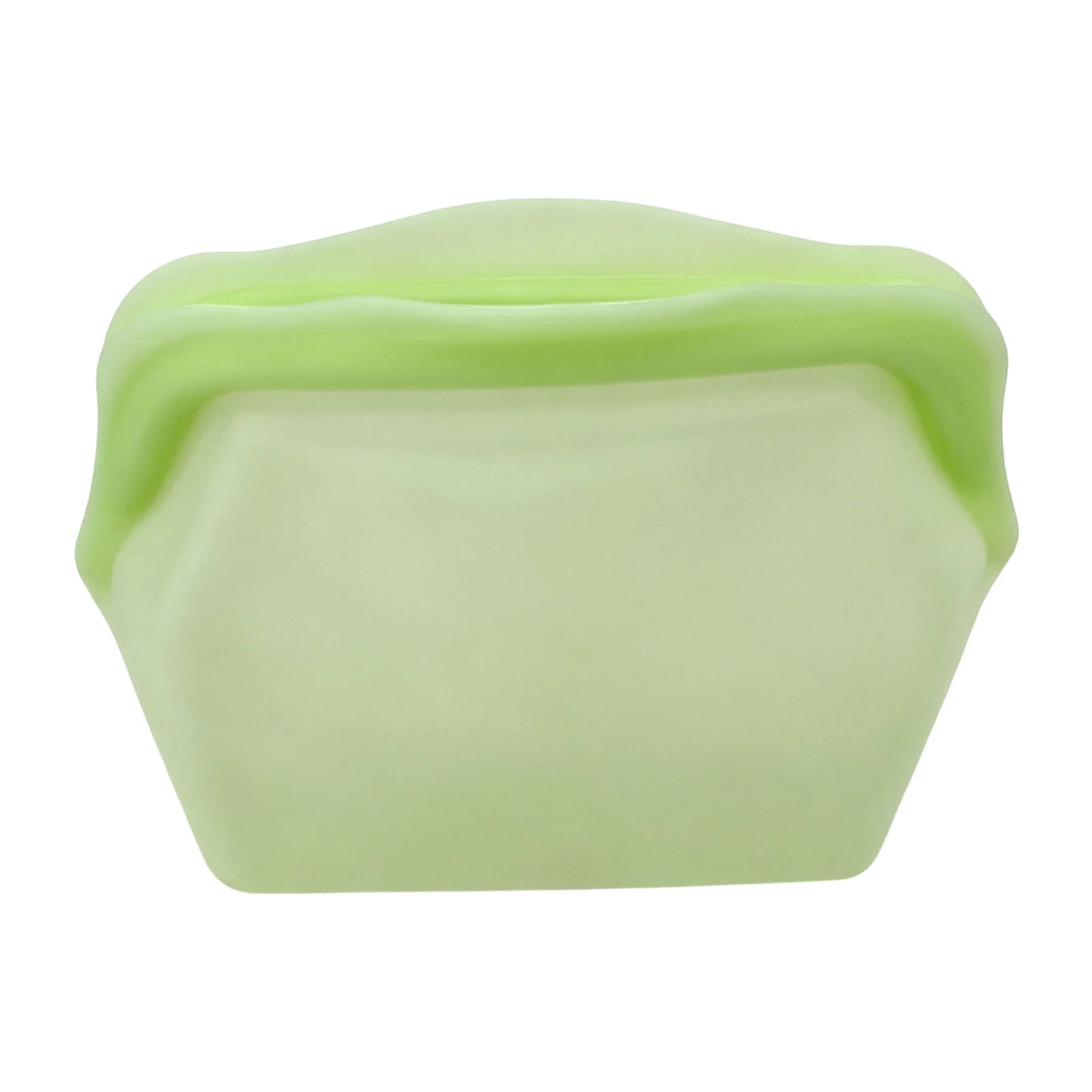 A light green reusable silicone storage bag with a slightly translucent, flexible texture.