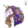 A colorful illustration of a unicorn and a horse head, featuring intricate patterns and vibrant purple, yellow, and pink hues