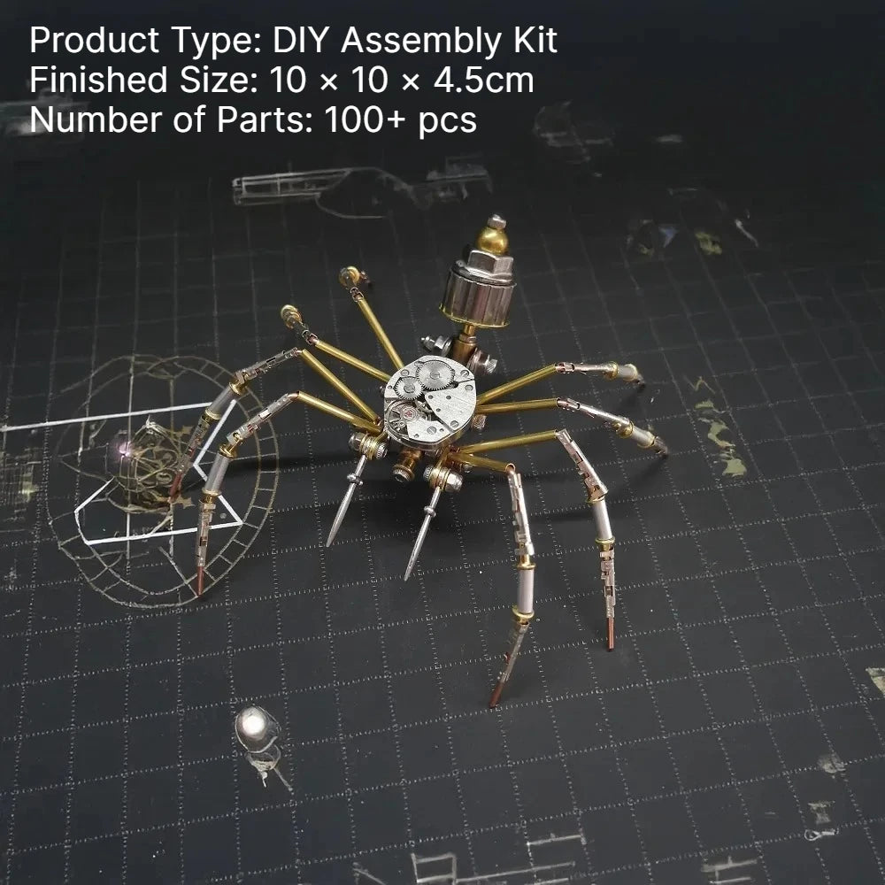 A finished steampunk metal spider assembly kit with multiple legs and a detailed body, displayed on a dark grid background.