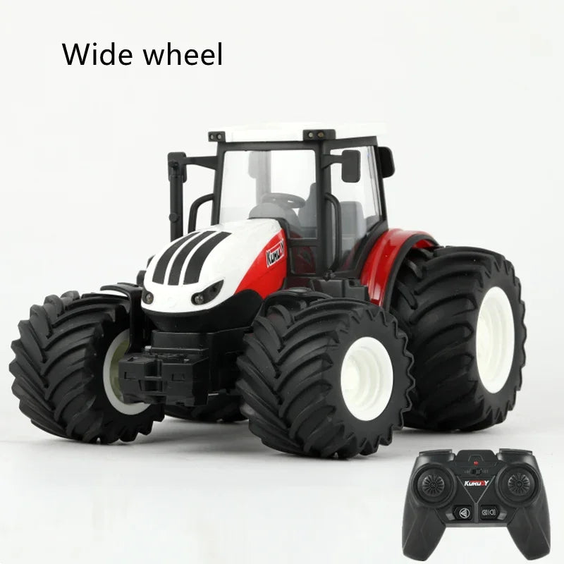 A model tractor with a wide wheel is shown alongside its 2.4G remote control and trailer.