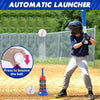 Automatic launcher for a baseball toy set showing a hand pressing a ball to launch it into a fence.