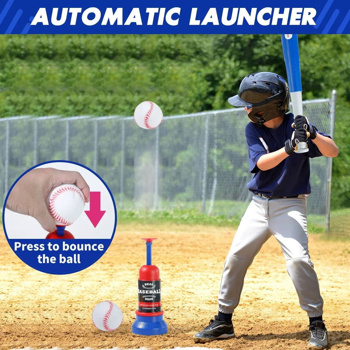 Automatic launcher for a baseball toy set showing a hand pressing a ball to launch it into a fence.