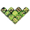 A set of ten green acrylic dice with gold dots and rounded corners arranged in a row.