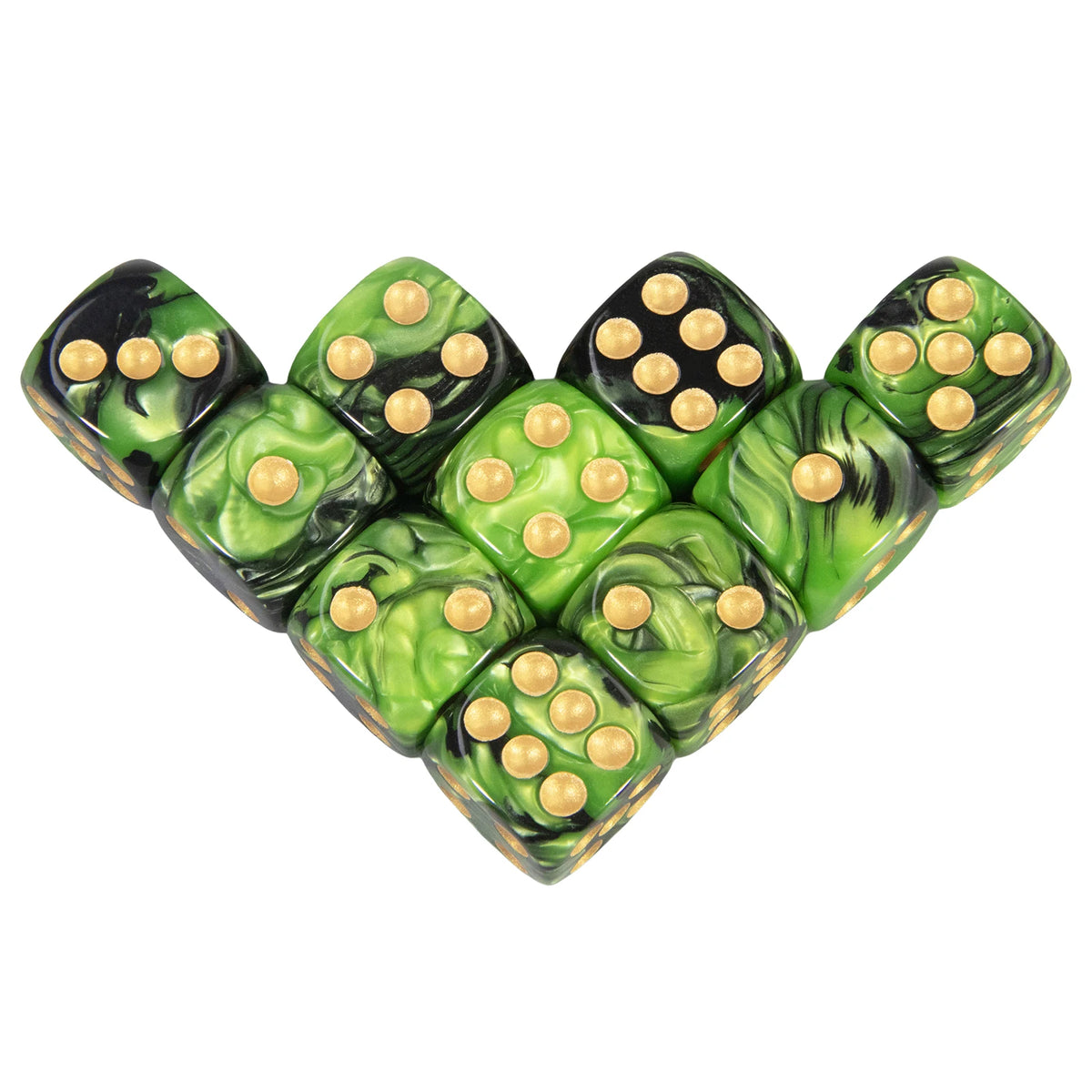 A set of ten green acrylic dice with gold dots and rounded corners arranged in a row.