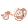 Rose gold bling baby pacifier clip with silicone holder featuring a pearl design.