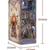 A wooden puzzle kit depicting a detailed architectural scene of a book nook featuring characters from Beauty and the Beast.
