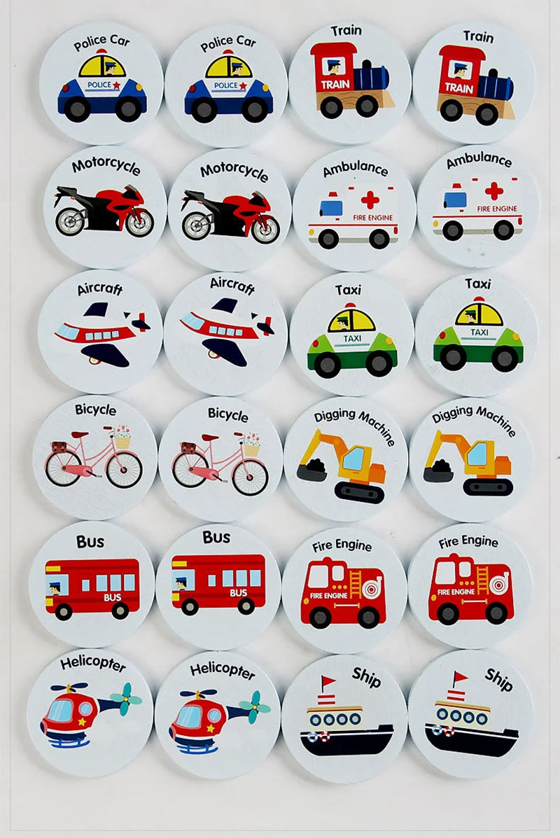 A set of 16 wooden vehicle and aircraft puzzle cards for a Montessori memory matching game.