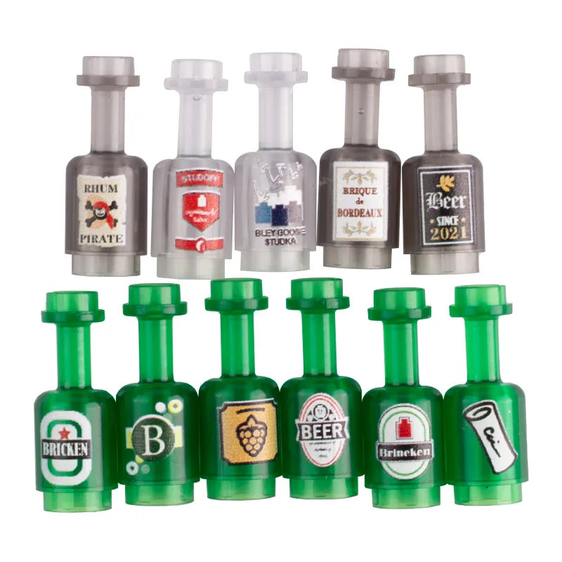 A set of mini supermarket and food building blocks featuring various themed bricks like rhum, pirate, beer, and fruit.