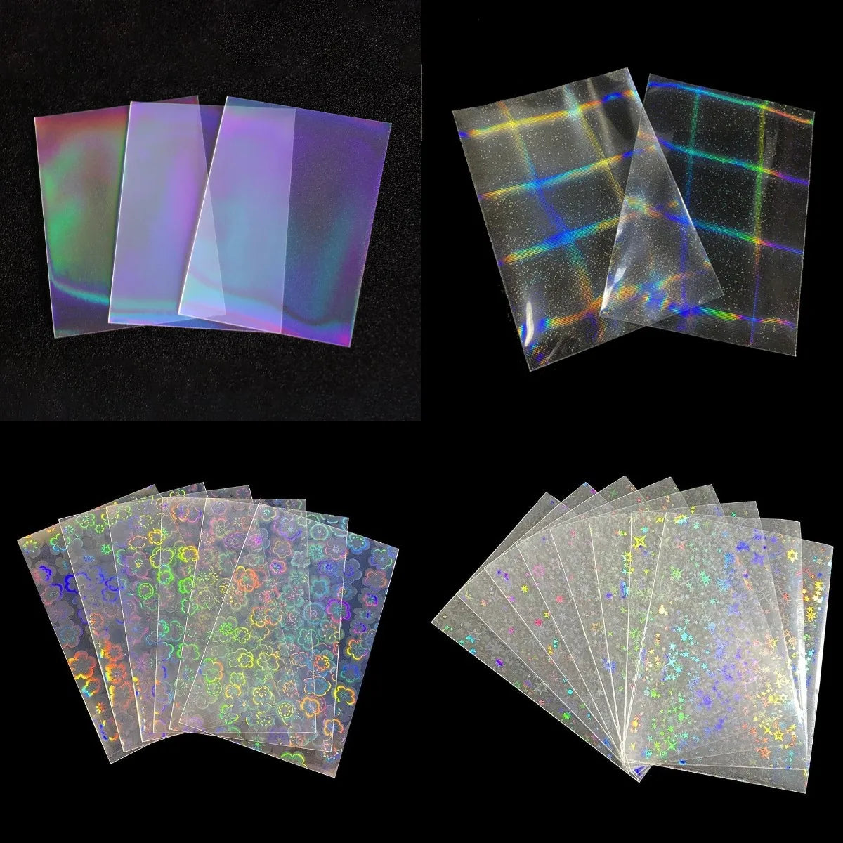 A collection of holographic card sleeves showing various iridescent colors and patterns.