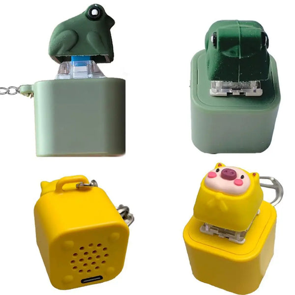 A set of yellow and green interactive croaking frog fidget keychains.