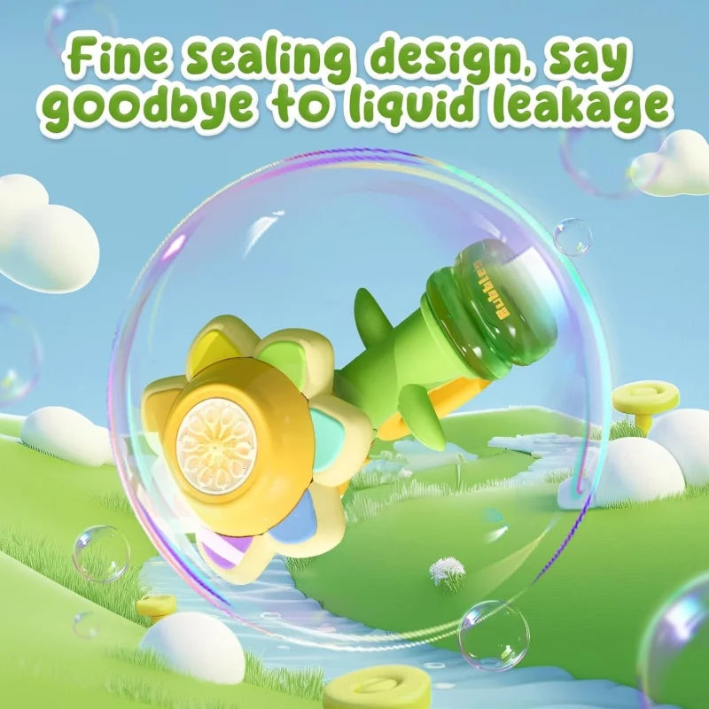 A green sunflower bubble blaster is shown inside a clear bubble, demonstrating fine sealing design to prevent liquid leakage.