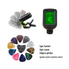 A set of guitar accessories including a tuner, capo, and ten guitar picks in various colors.