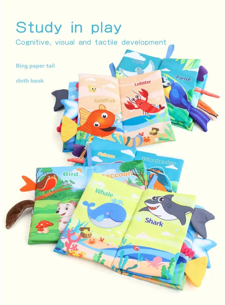 A collection of colorful, soft touch and feel baby books featuring sea creatures and animals for cognitive development.