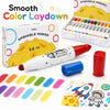 A set of washable marker pens and a yellow dinosaur-shaped marker in an open box with color layouts.