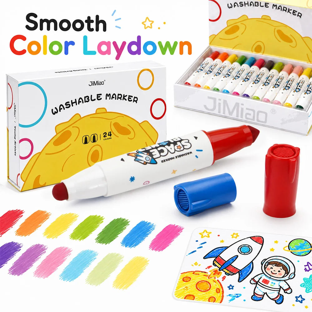 A set of washable marker pens and a yellow dinosaur-shaped marker in an open box with color layouts.