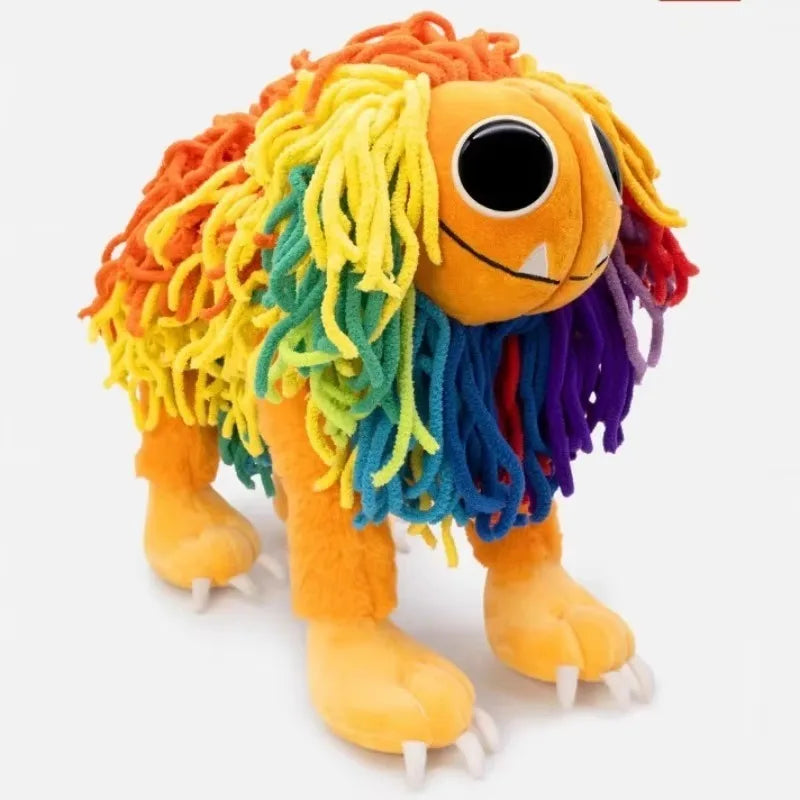 A colorful lion stuffed animal plush toy with long, brightly colored yarn mane and claws.
