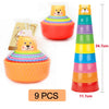 A set of nine colorful boat-shaped stacking cups for toddlers, including a main container and a tower.