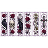 A set of six cross-stitch bookmarks featuring gothic and floral designs with skulls, cats, roses, and keys.