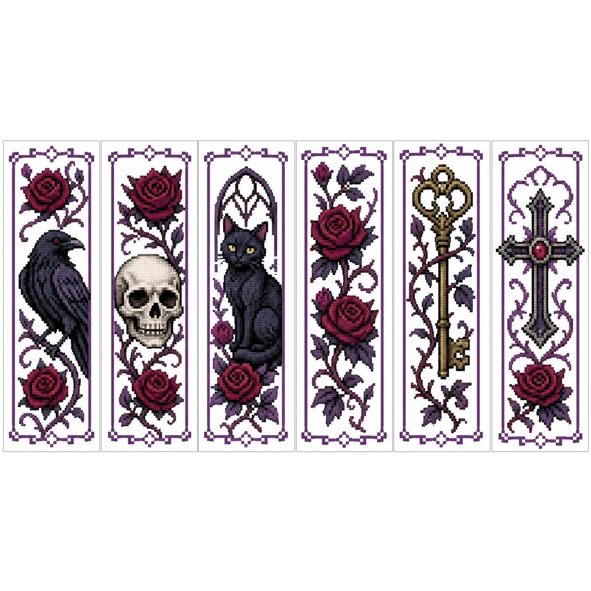 A set of six cross-stitch bookmarks featuring gothic and floral designs with skulls, cats, roses, and keys.