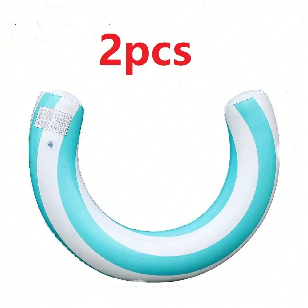 Two striped white and light blue inflatable U-shaped pool floats for adults