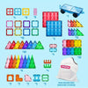 A set of 110 magnetic building tiles and a vehicle for kids, featuring various colored tiles and a non-woven bag.