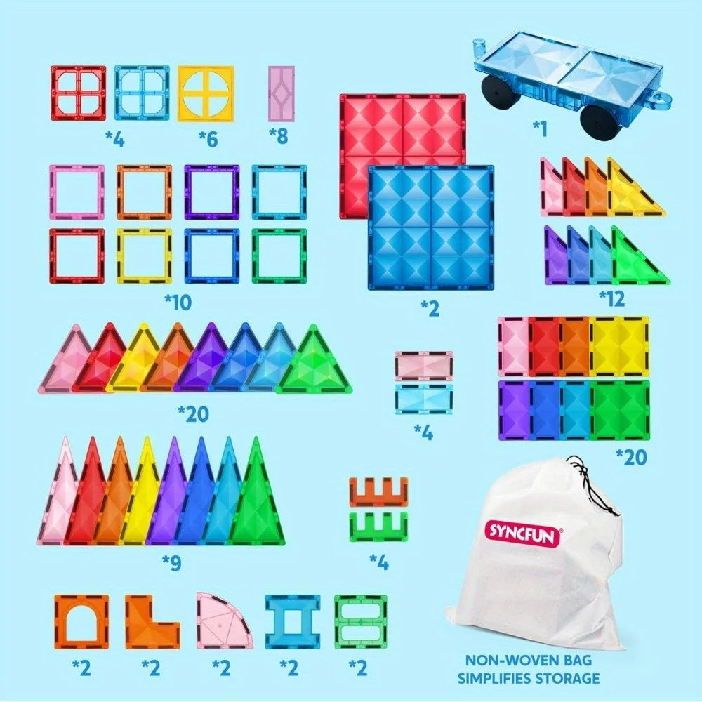 A set of 110 magnetic building tiles and a vehicle for kids, featuring various colored tiles and a non-woven bag.