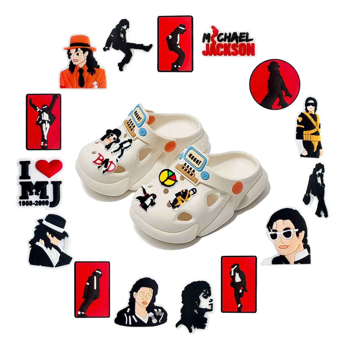 A collection of 20 Michael Jackson inspired shoe charms and DIY sneaker decorations featuring various figures and symbols.