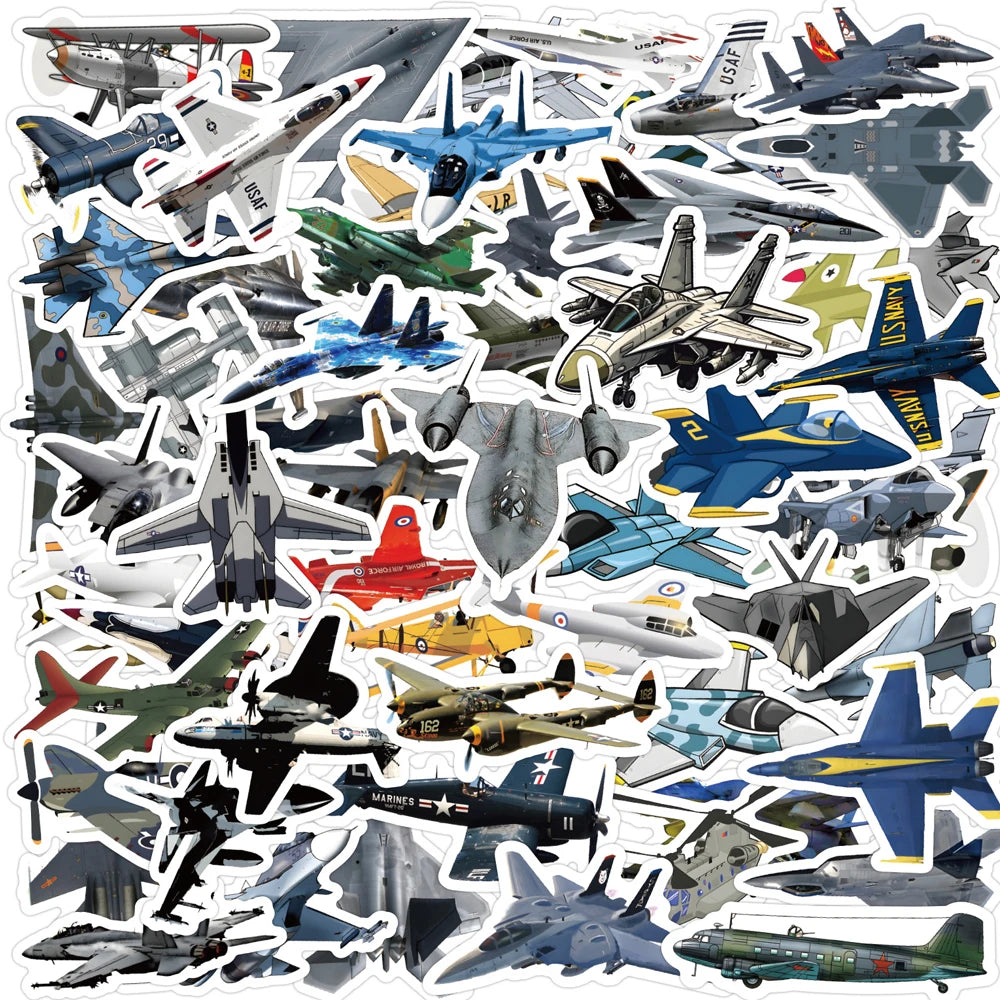 A collection of various military fighter jet graphics and silhouettes in different camouflage colors and styles.