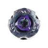 A close-up view of a metal spinning top with a purple and silver design.