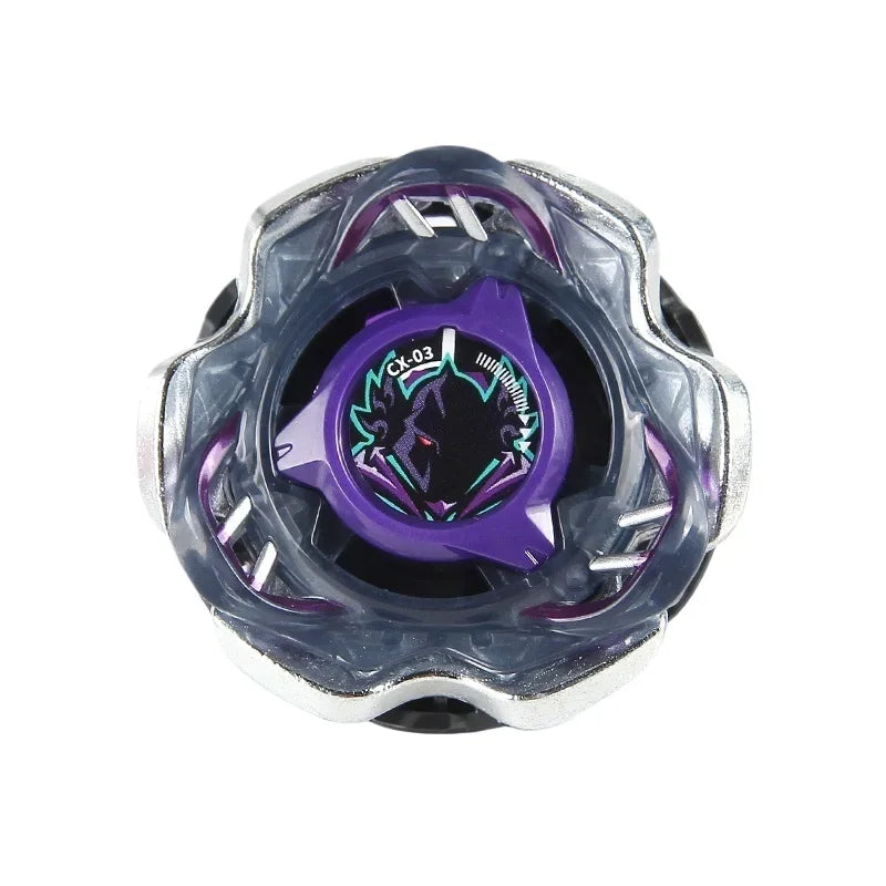 A close-up view of a metal spinning top with a purple and silver design.