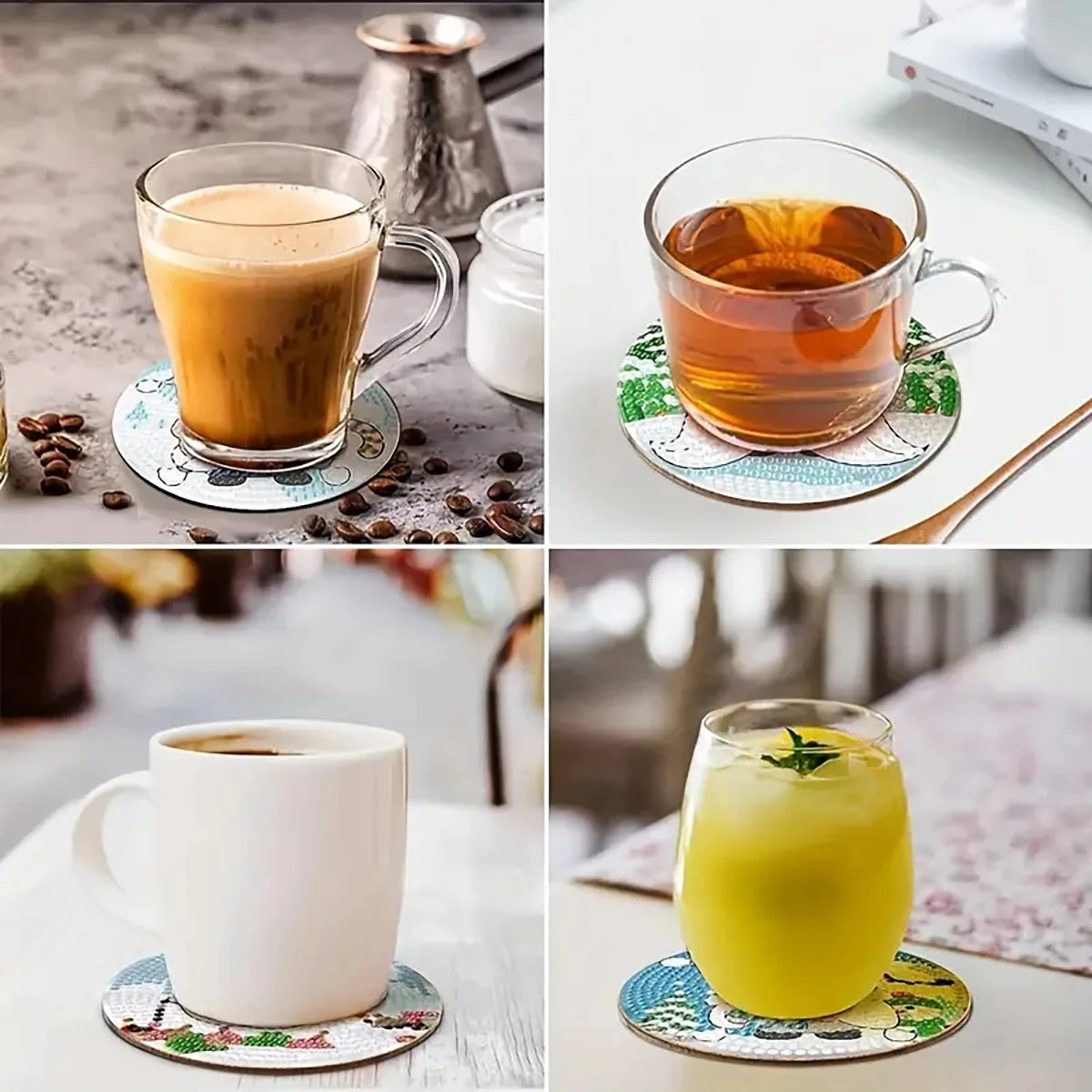 A set of eight decorative diamond painting coasters with metal holders and various colored glass coasters.