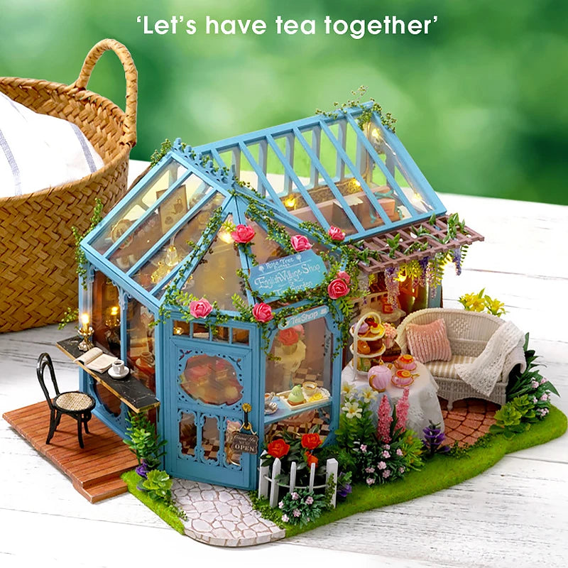 Wooden Dollhouse Kit with Furniture and Lighting