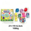 A sensory squishy kit box containing various squishy toys including a blue cube, pink and yellow characters, and a red fruit.