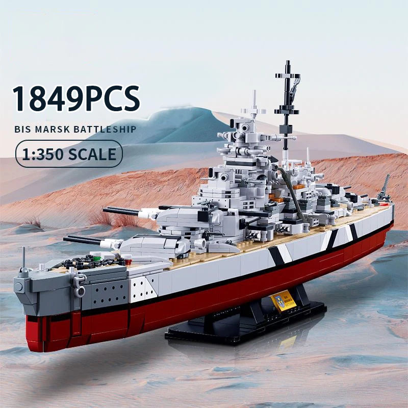 A 1:350 scale model kit of a Bismarck Battleship built from plastic blocks, featuring gray and red colors.