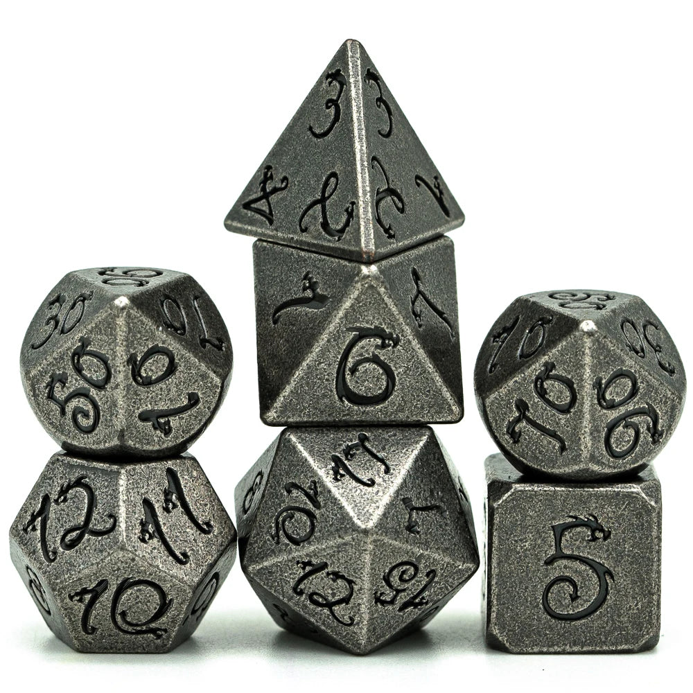 Premium Metal Polyhedral Dice Set with Dragon Font