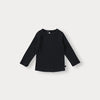 A black long-sleeved knit sweater for a toddler.