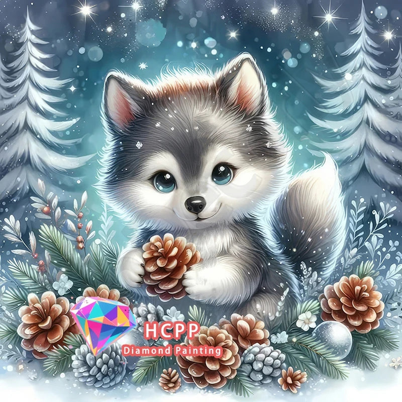 A cute husky puppy surrounded by pine branches, evergreen trees, and pine cones for a diamond painting kit.