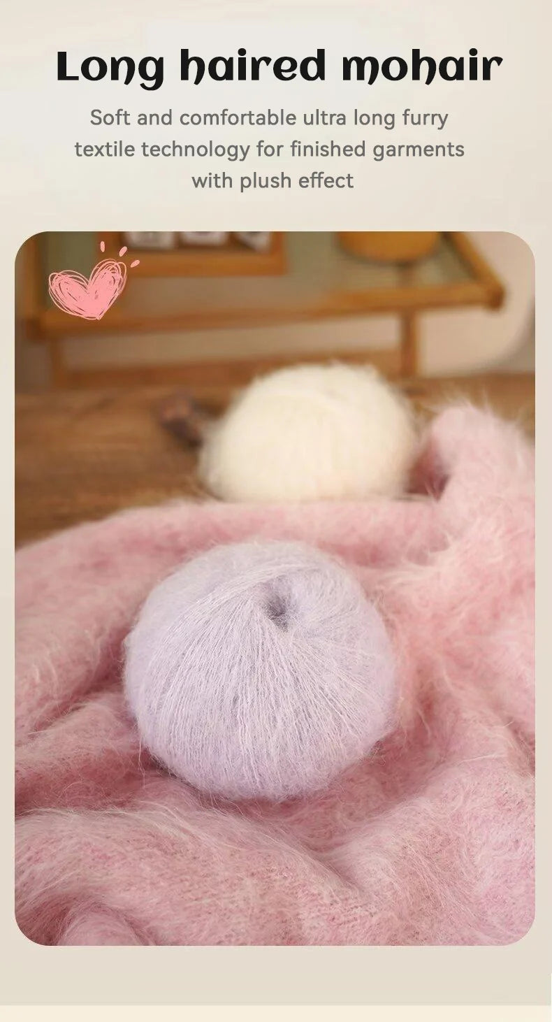 A close-up of fluffy pink mohair yarn showing its soft texture and plush effect.